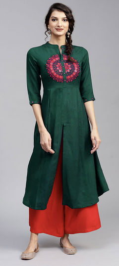 Casual Green color Kurti in Rayon fabric with Long Sleeve, Slits Embroidered work : 1801258