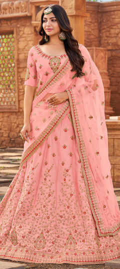 Pink and Majenta color Lehenga in Satin Silk fabric with Embroidered, Lace, Stone, Thread work