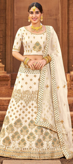 White and Off White color Lehenga in Satin Silk fabric with Embroidered, Lace, Stone, Thread work