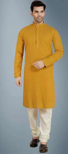 Yellow color Kurta Pyjamas in Georgette fabric with Embroidered, Sequence work