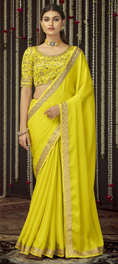 Yellow color Saree in Chiffon fabric with Sequence, Thread, Zari work