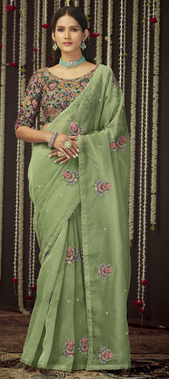 Green color Saree in Organza Silk, Silk fabric with Sequence, Thread work
