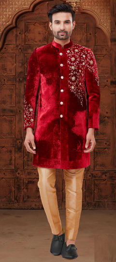 Red and Maroon color IndoWestern Dress in Velvet fabric with Cut Dana, Thread, Zardozi work