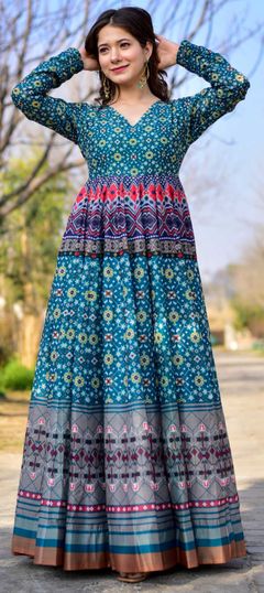 Blue color Gown in Chanderi Silk fabric with Digital Print work