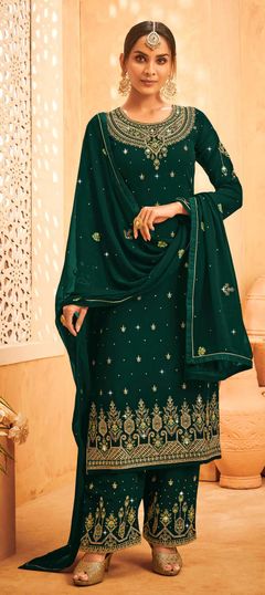 Green color Salwar Kameez in Faux Georgette fabric with Embroidered, Lace, Stone, Thread work