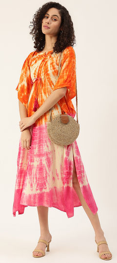 Orange, Pink and Majenta color Kaftan in Rayon fabric with Printed, Tye n Dye work