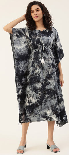 Black and Grey, White and Off White color Kaftan in Rayon fabric with Printed, Tye n Dye work