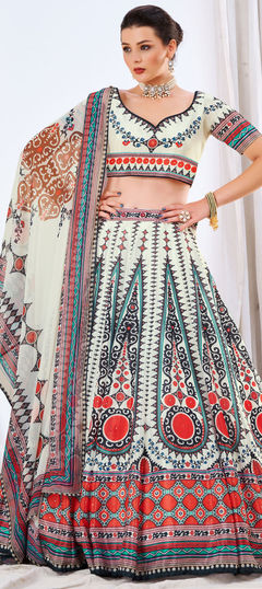 White and Off White color Lehenga in Chiffon fabric with Digital Print work