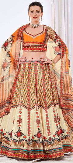 White and Off White color Lehenga in Chiffon fabric with Digital Print work