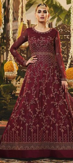 Red and Maroon color Salwar Kameez in Net fabric with Thread, Zari work