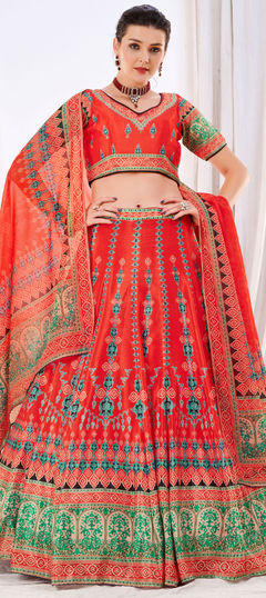 Red and Maroon color Lehenga in Chiffon fabric with Digital Print work