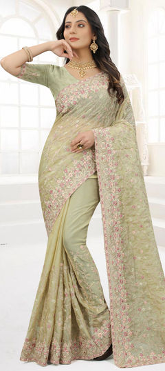 Green color Saree in Organza Silk, Silk fabric with Embroidered, Resham, Thread work
