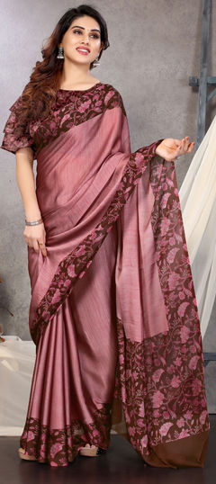 Pink and Majenta color Saree in Faux Chiffon fabric with Floral, Printed work