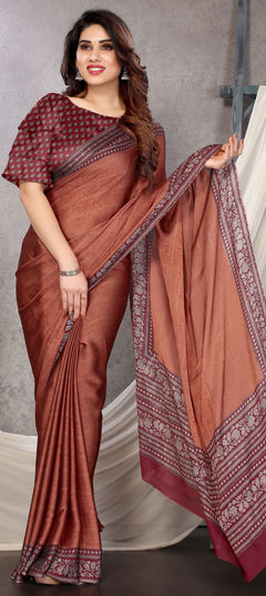 Beige and Brown color Saree in Chiffon fabric with Printed work