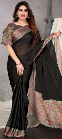 Black and Grey color Saree in Chiffon fabric with Printed work