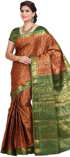 Beige and Brown color Saree in Kanchipuram Silk, Silk fabric with Weaving, Zari work