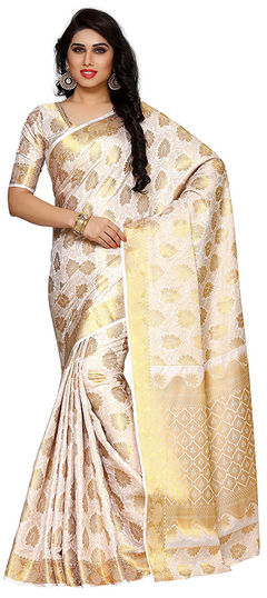 White and Off White color Saree in Kanchipuram Silk, Silk fabric with Weaving, Zari work