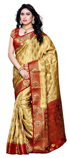 Beige and Brown color Saree in Kanchipuram Silk, Silk fabric with Weaving, Zari work