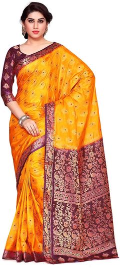 Yellow color Saree in Kanchipuram Silk, Silk fabric with Weaving, Zari work