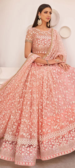 Festive, Reception Pink and Majenta color Lehenga in Net fabric with A Line Embroidered, Sequence, Thread work : 1802663