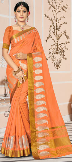 Traditional Orange color Saree in Cotton fabric with Bengali Weaving work : 1802729