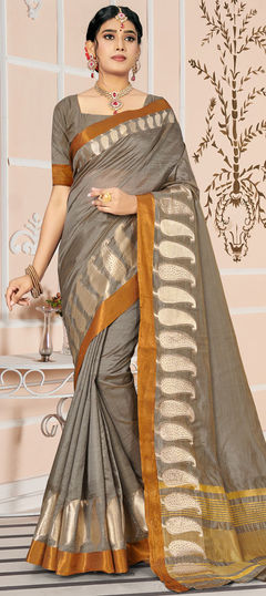 Traditional Black and Grey color Saree in Cotton fabric with Bengali Weaving work : 1802735