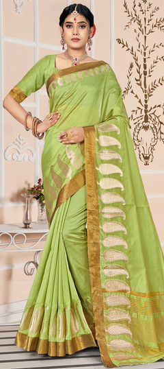 Traditional Green color Saree in Cotton fabric with Bengali Weaving work : 1802736