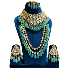 Gold Rodium Polish Blue color Necklace in Metal Alloy studded with Kundan