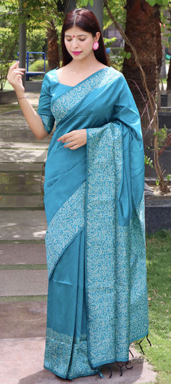 Blue color Saree in Raw Silk, Silk fabric with Weaving work