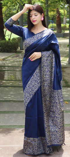 Blue color Saree in Raw Silk, Silk fabric with Weaving work