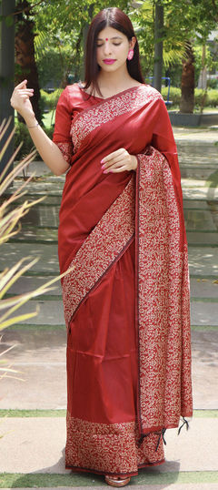 Red and Maroon color Saree in Raw Silk, Silk fabric with Weaving work