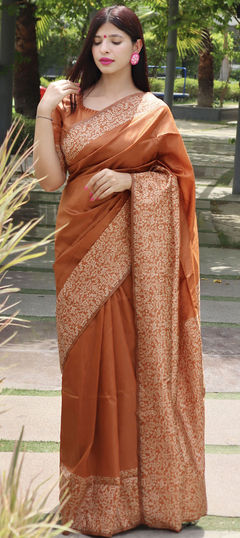 Beige and Brown color Saree in Raw Silk, Silk fabric with Weaving work