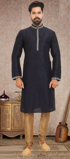 Blue color Kurta Pyjamas in Dupion Silk fabric with Sequence, Thread work : 1803164