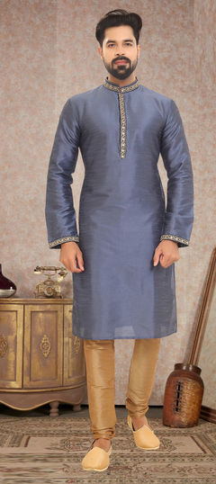 Black and Grey color Kurta Pyjamas in Dupion Silk fabric with Sequence, Thread work : 1803165