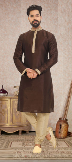 Beige and Brown color Kurta Pyjamas in Dupion Silk fabric with Sequence, Thread work : 1803168