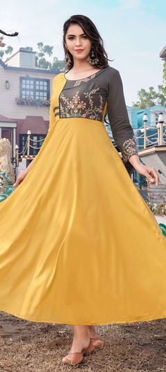 Yellow color Kurti in Rayon fabric with Embroidered, Thread work