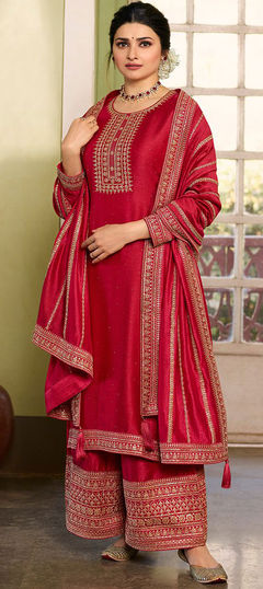 Red and Maroon color Salwar Kameez in Georgette fabric with Embroidered, Stone, Zari work