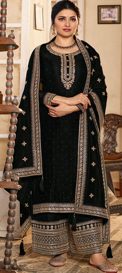 Black and Grey color Salwar Kameez in Georgette fabric with Embroidered, Stone, Zari work