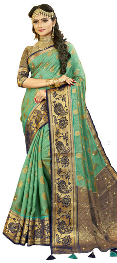 Green color Saree in Art Silk, Silk fabric with Stone, Weaving work