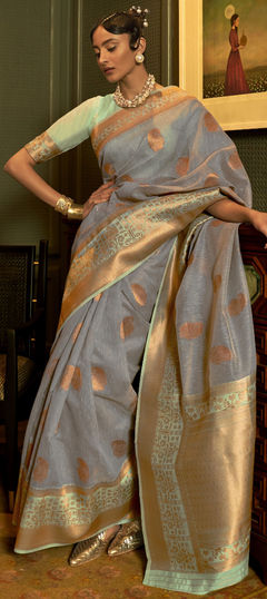 Traditional, Wedding Black and Grey color Saree in Linen fabric with South Weaving, Zari work : 1803802