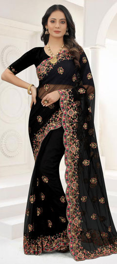 Black and Grey color Saree in Net fabric with Embroidered, Resham, Stone, Thread, Zari work