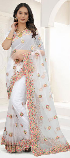 White and Off White color Saree in Net fabric with Embroidered, Resham, Stone, Thread, Zari work