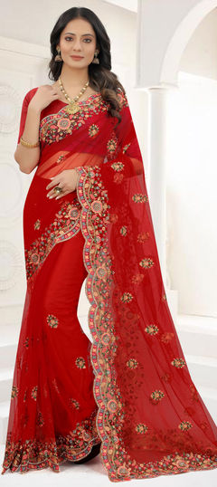 Red and Maroon color Saree in Net fabric with Embroidered, Resham, Stone, Thread, Zari work