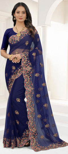 Blue color Saree in Net fabric with Embroidered, Resham, Stone, Thread, Zari work