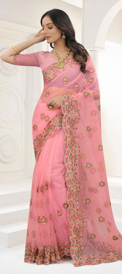 Pink and Majenta color Saree in Net fabric with Embroidered, Resham, Stone, Thread, Zari work