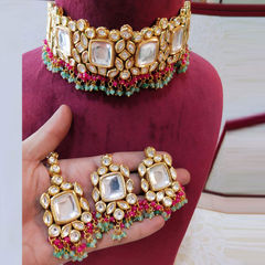 Gold Rodium Polish Multicolor color Necklace in Metal Alloy studded with Kundan