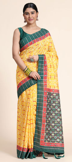 Yellow color Saree in Chanderi Silk, Silk fabric with Digital Print, Sequence, Weaving work