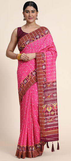 Pink and Majenta color Saree in Chanderi Silk, Silk fabric with Digital Print, Sequence, Weaving work