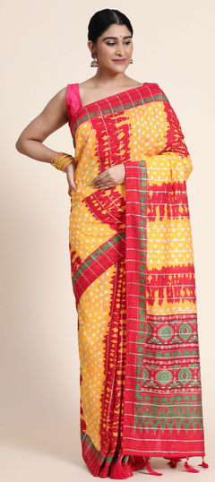 Yellow color Saree in Chanderi Silk, Silk fabric with Digital Print, Sequence, Weaving work