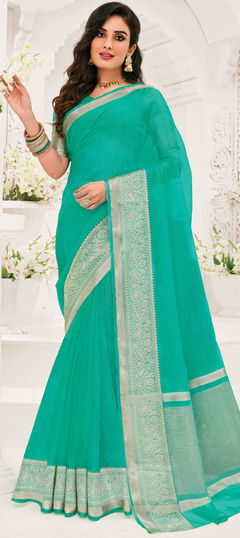 Traditional Blue color Saree in Organza Silk, Silk fabric with South Weaving work : 1804312